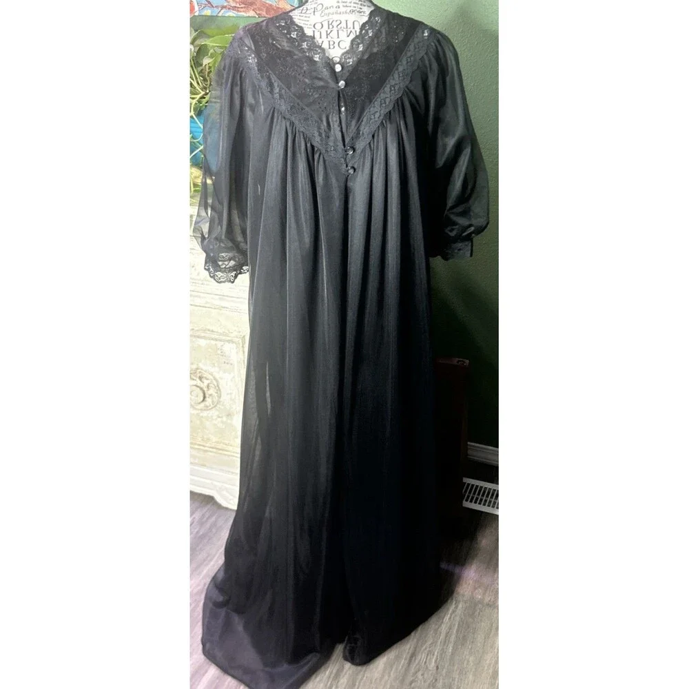 Vtg JC Pennys Black  Nightgown & Robe Peignoir Set- M Whimsigoth Goth Victorian